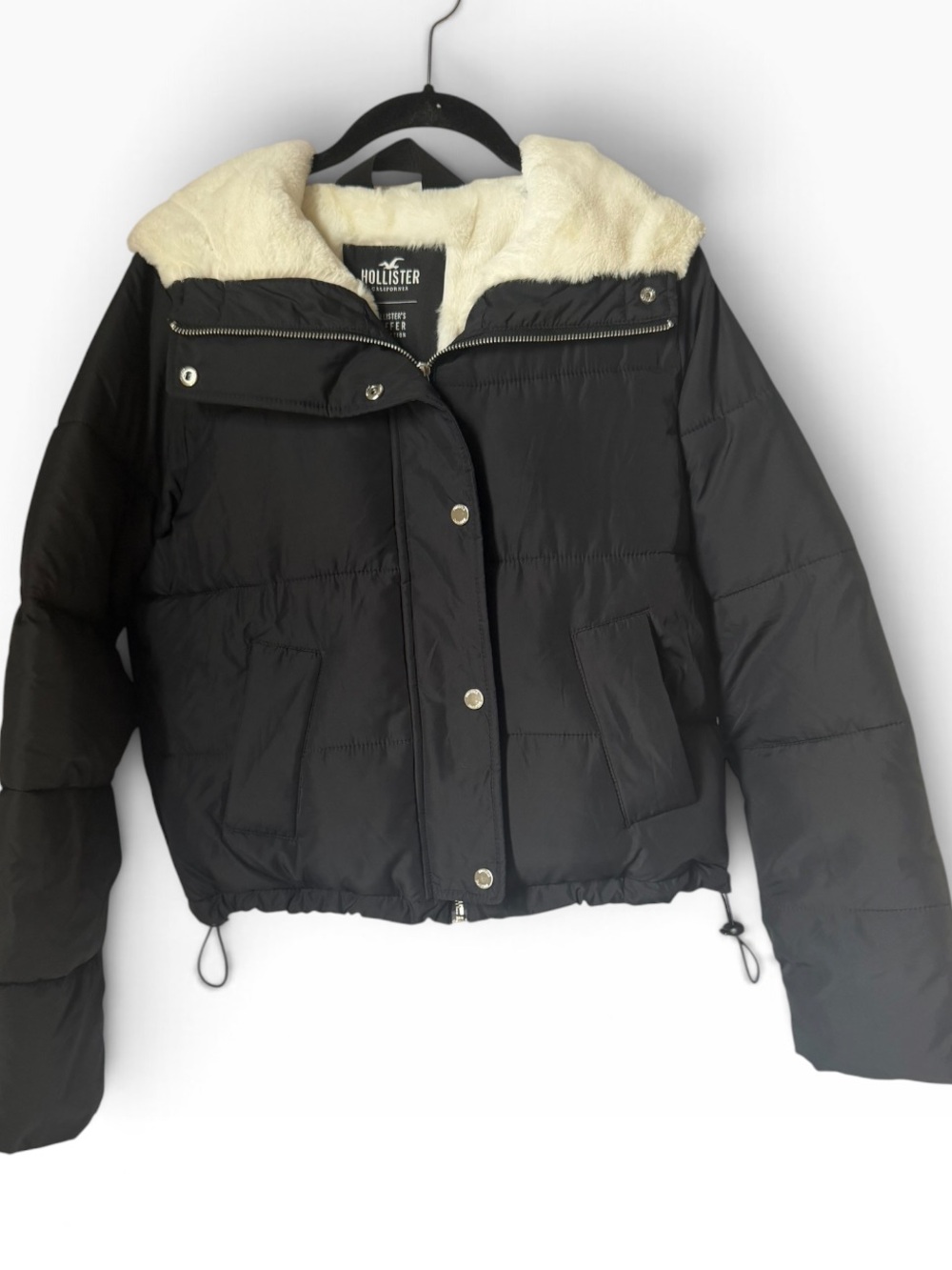 Hollister Ultimate Black Puffer Jacket Faux Fur Cream Sherpa Hood Coat Winter - Picture 2 of 8